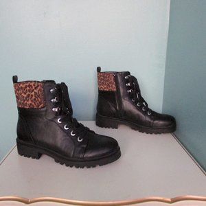 Leather Combat Boots with Leopard Print Detail